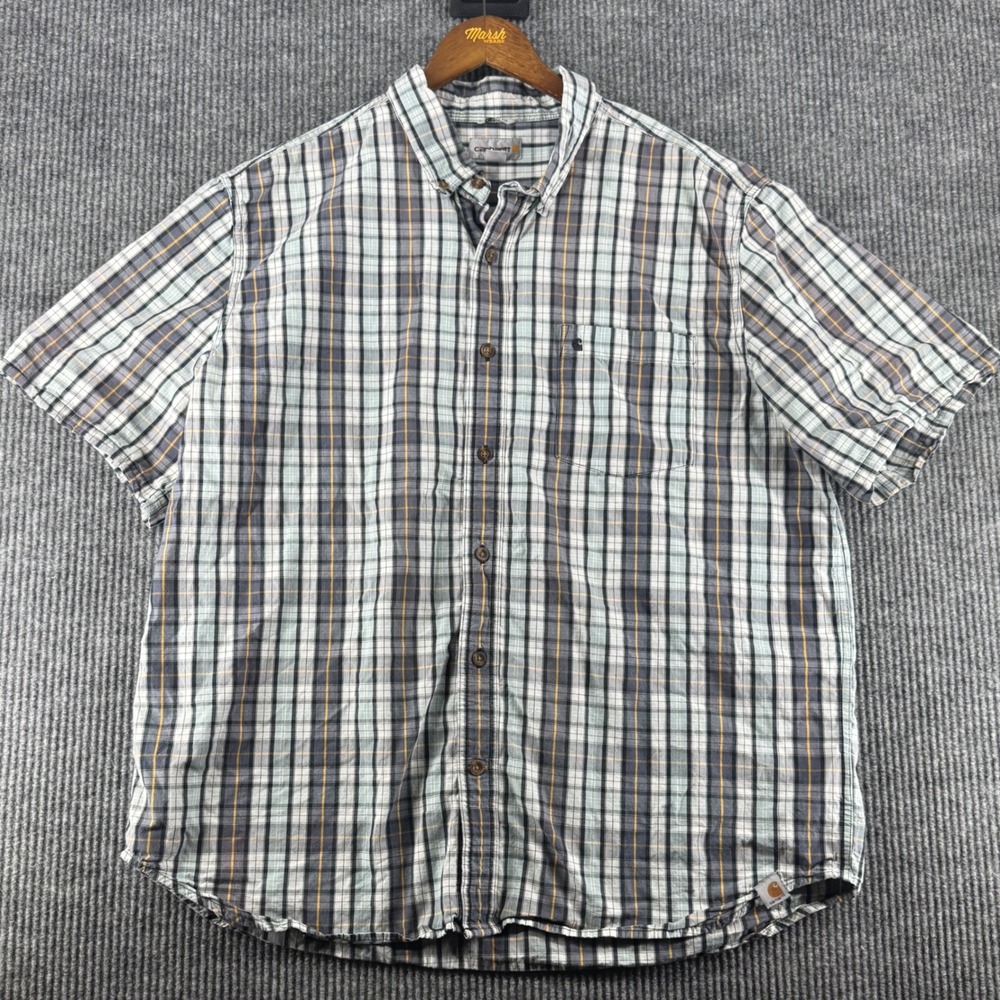 Carhartt Button Down Shirt Mens 2XL Blue Plaid Excellent Relaxed Short Sleeve